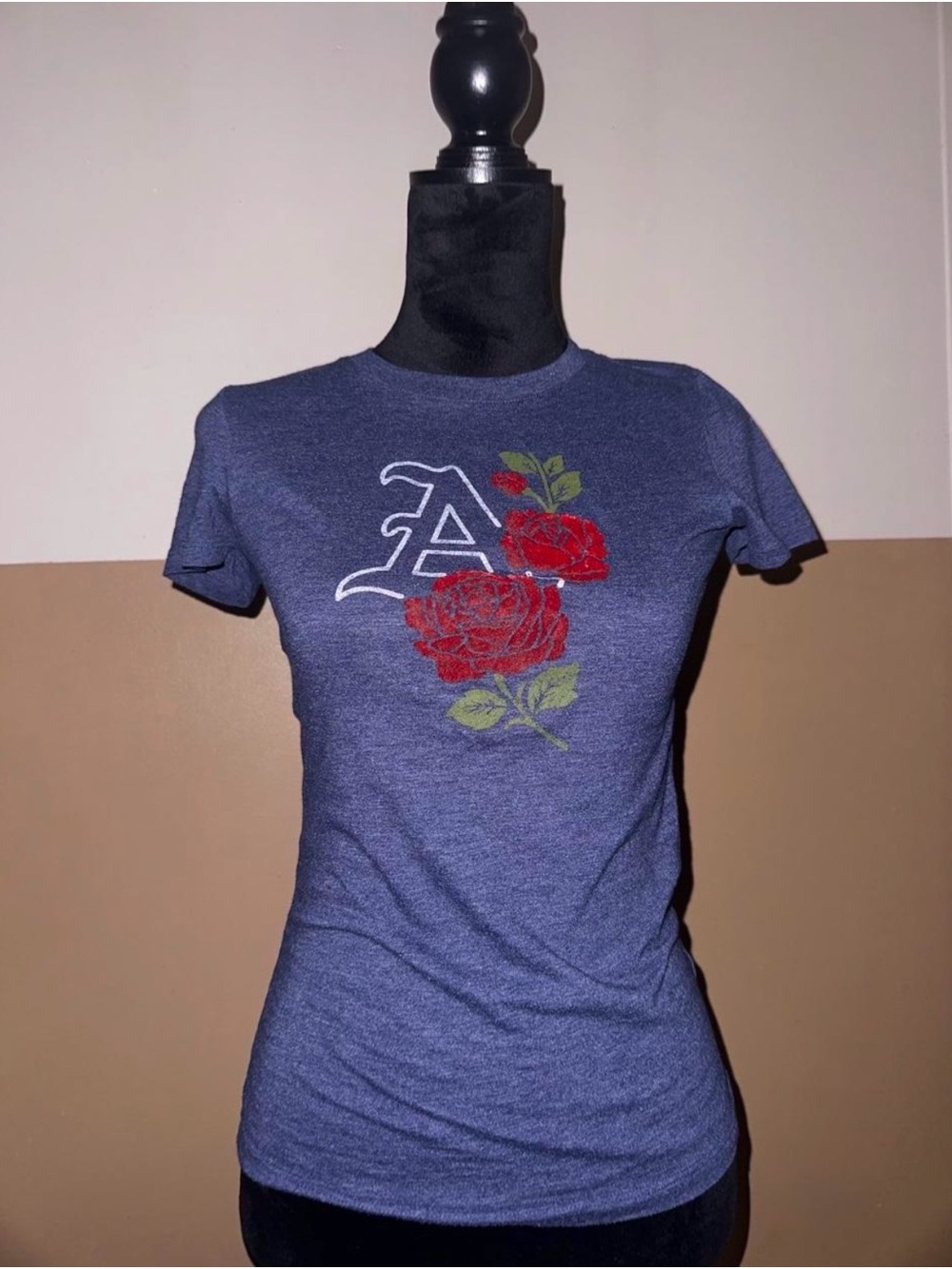 Classic Floral Graphic Tee - Blue with Red Roses